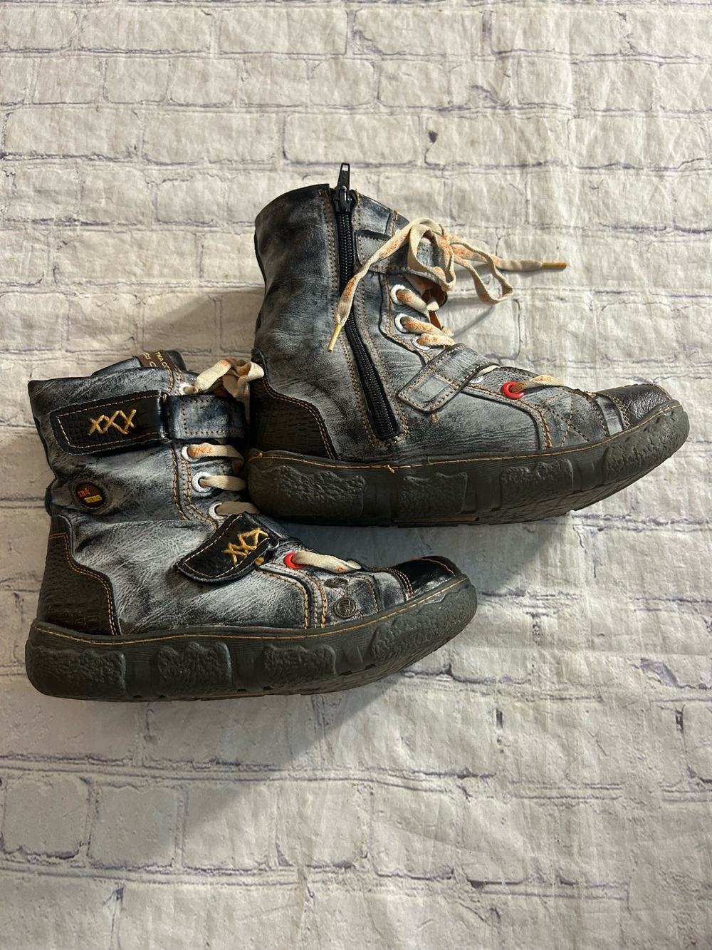 TMA EYES VTG DISTRESSED MID-CALF COMBAT BOOTS WASHED LEATHER & PU SIDE ZIPPER 7